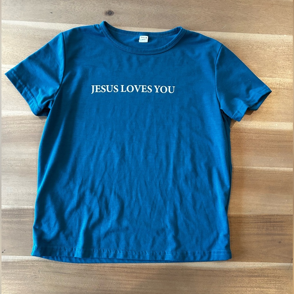 SHEIN Teal Kids Tee with 'Jesus Loves You' Message
